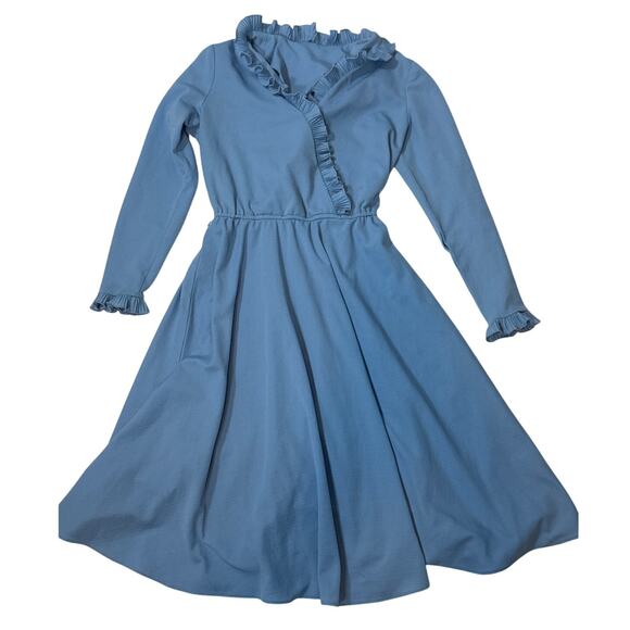 Vintage 80s Blue Secretary Ruffle Dress Small Retro Modest Midi Long Sleeve - Picture 1 of 8